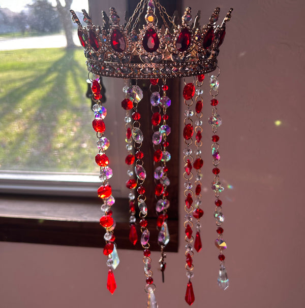 Ruby Red Fae Crown Suncatcher | Fantasy Window Prism | Handmade Hanging Crystal Decor | Fairycore Sun Catcher