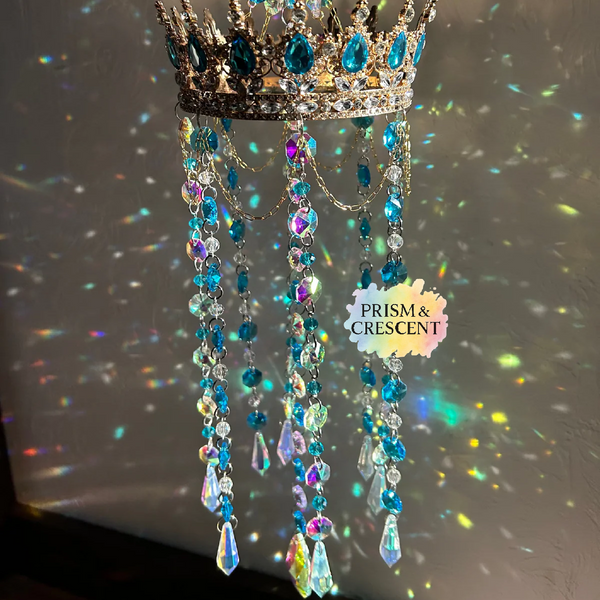 Crystal Blue Lake Crown Suncatcher | Fantasy Window Prism | Handmade Hanging Crystal Decor | Fairycore Sun Catcher