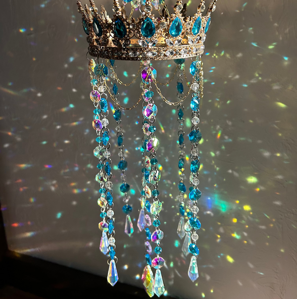Crystal Blue Lake Crown Suncatcher | Fantasy Window Prism | Handmade Hanging Crystal Decor | Fairycore Sun Catcher