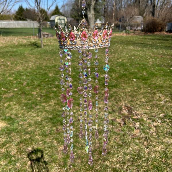 Pretty Pink Princess Crown Suncatcher | Fantasy Window Prism | Handmade Hanging Crystal Decor | Fairycore Sun Catcher
